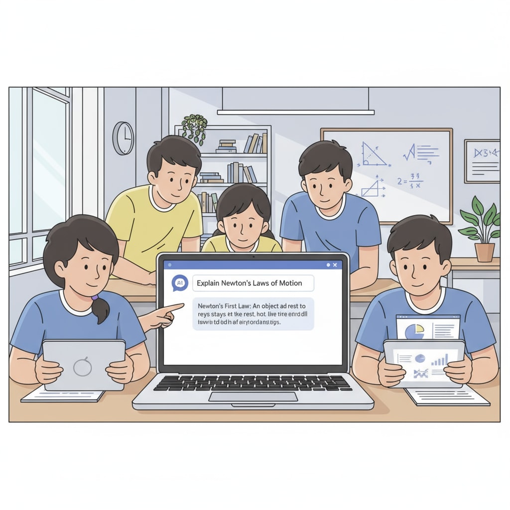 Students using digital devices in a classroom, with a laptop showing a ChatGPT interface, highlighting the integration of AI in academic settings K12 students facing moral dilemmas with ChatGPT use in academic tasks