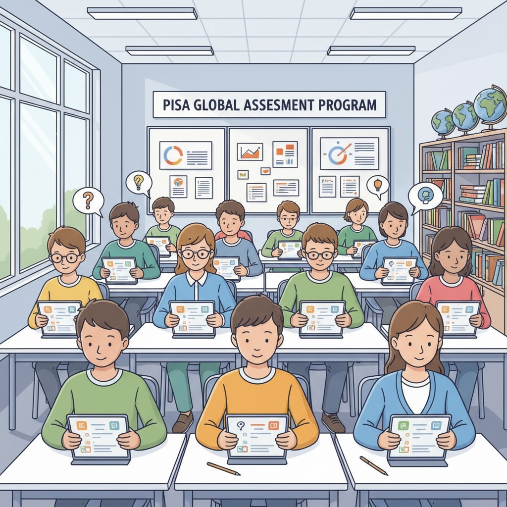A group of students sitting at desks, focused on answering questions on tablets, representing a PISA assessment setting. Students taking part in a PISA assessment related to school statistics and education data