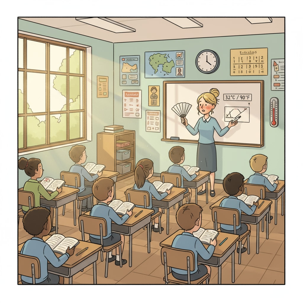 A classroom scene where students are sitting at their desks, and the teacher is at the front, looking a bit flushed due to the high temperature. A teacher in a high temperature classroom lacking air conditioning