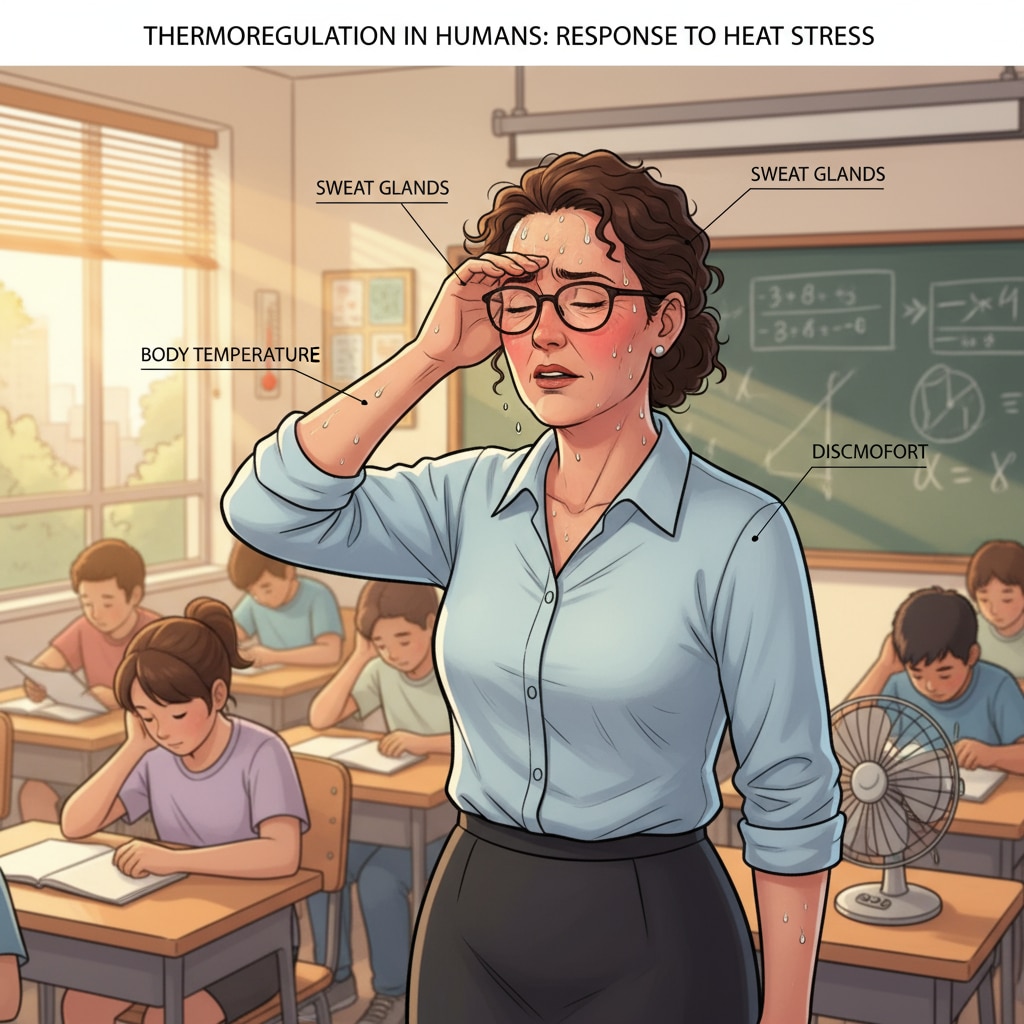 A close-up of a teacher wiping sweat from their face during a class, showing the discomfort caused by the heat. Teacher experiencing discomfort in a hot classroom without air conditioning