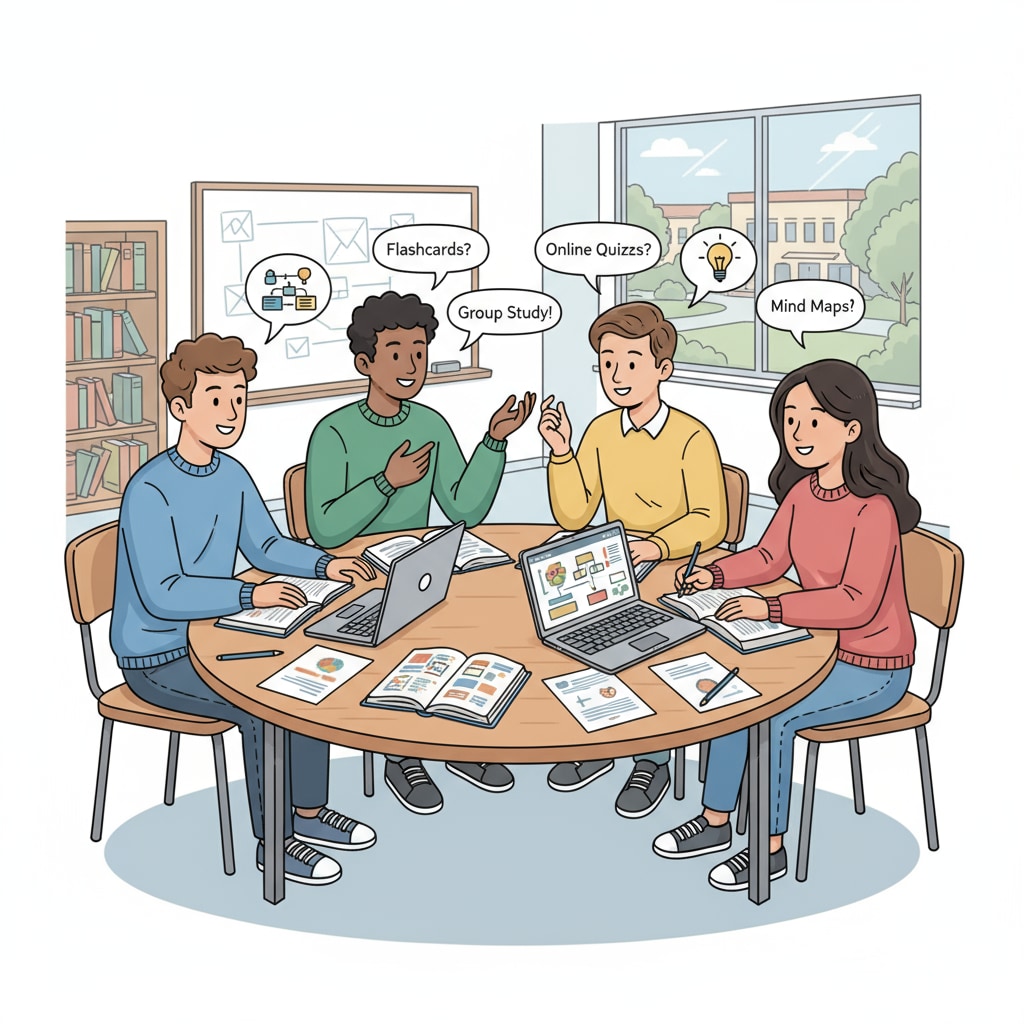 A group of students are sitting around a table with books and laptops open. They are engaged in a discussion about different learning methods, sharing ideas on how to study more effectively. Students discussing learning methods for achieving 90% scores and ensuring learning assurance
