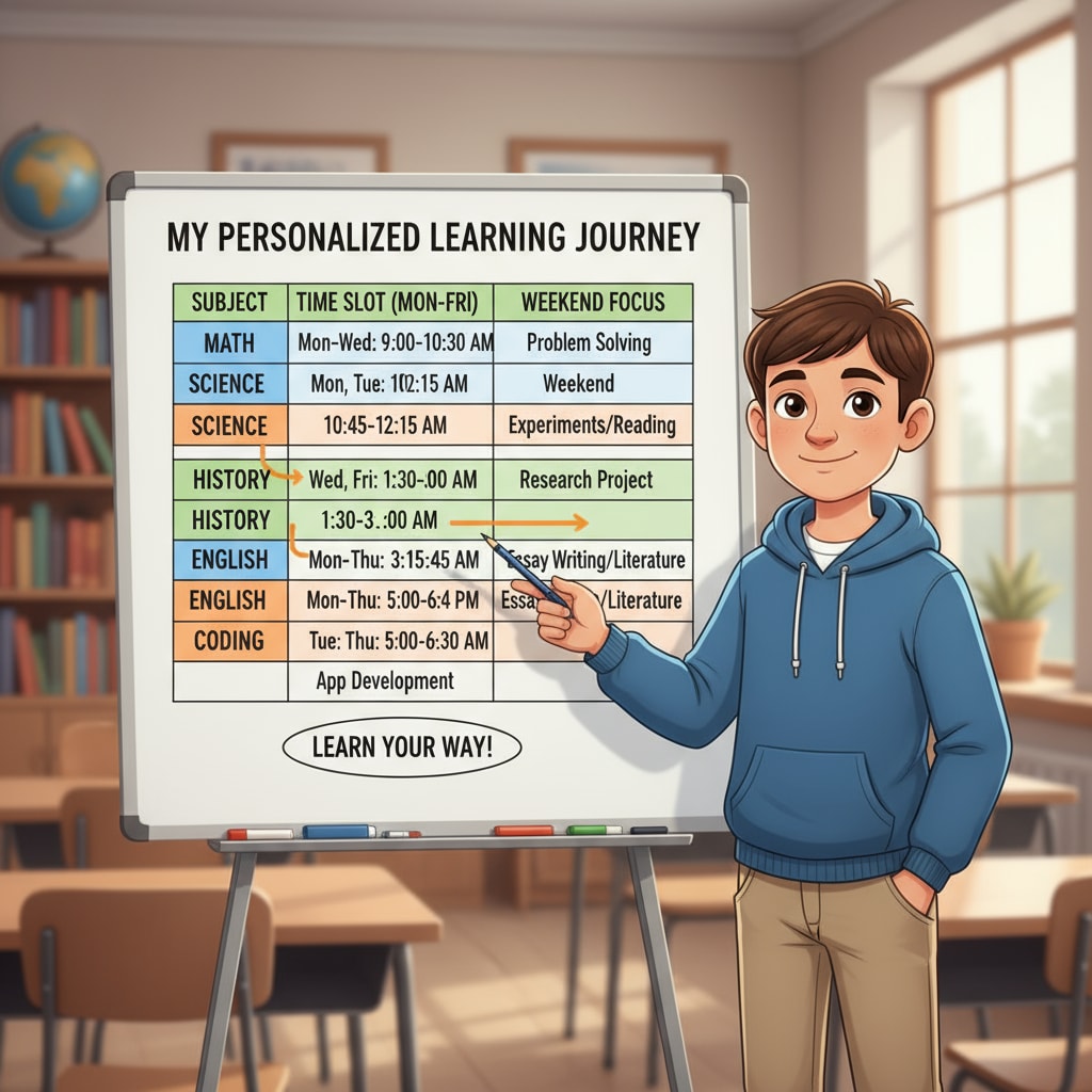 A student is standing in front of a whiteboard. On the whiteboard, there is a detailed study plan with different subjects assigned specific time slots, highlighting the importance of a personalized learning system. Student creating a personalized study plan for learning assurance and high scores