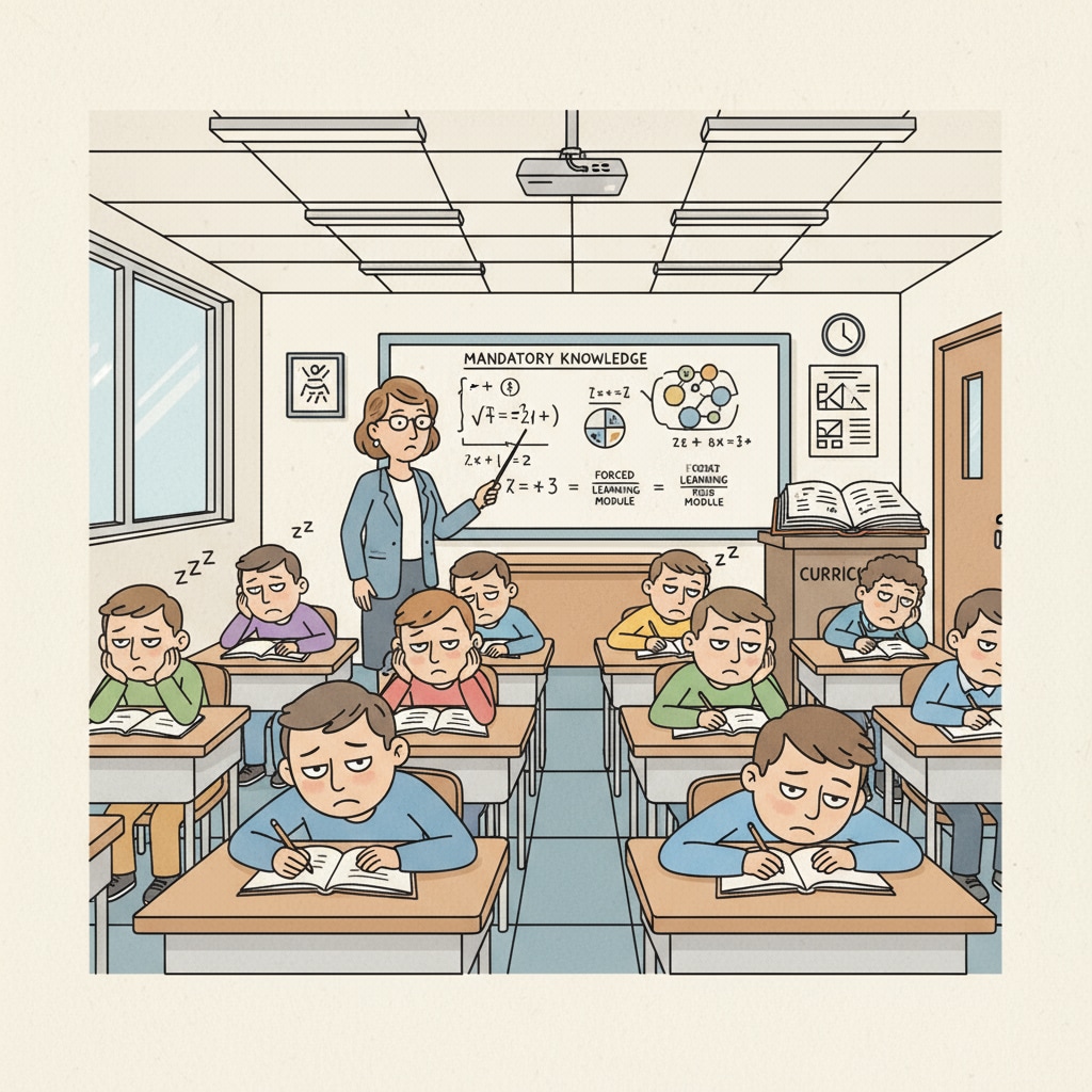 A classroom scene where students are sitting at their desks, looking bored and unengaged during a lesson that seems to be a form of forced learning. A classroom with bored students during forced learning session