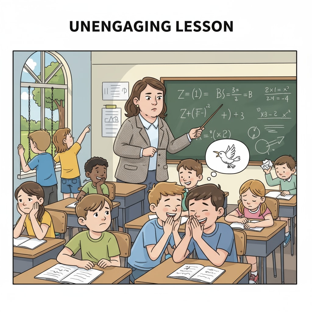 A group of students in a classroom, some are looking out of the window, some are whispering to each other, showing clear signs of disinterest in the ongoing forced learning activity. Students showing disinterest during forced learning