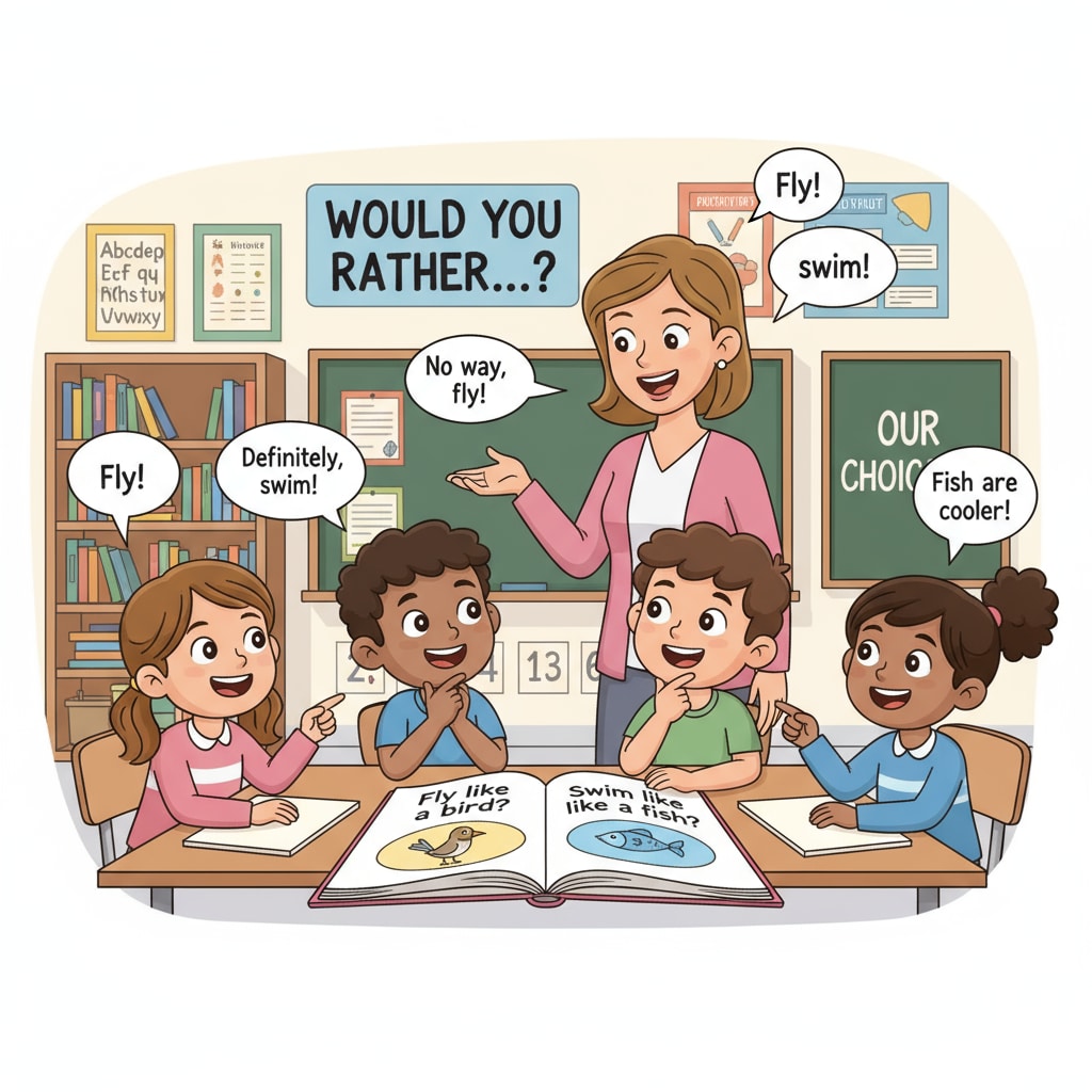 A group of students in a classroom, actively discussing their choices in a 'Would You Rather' game, with smiles on their faces, indicating their engagement. Students participating in a 'Would You Rather' game as part of children's educational games and teaching resources.