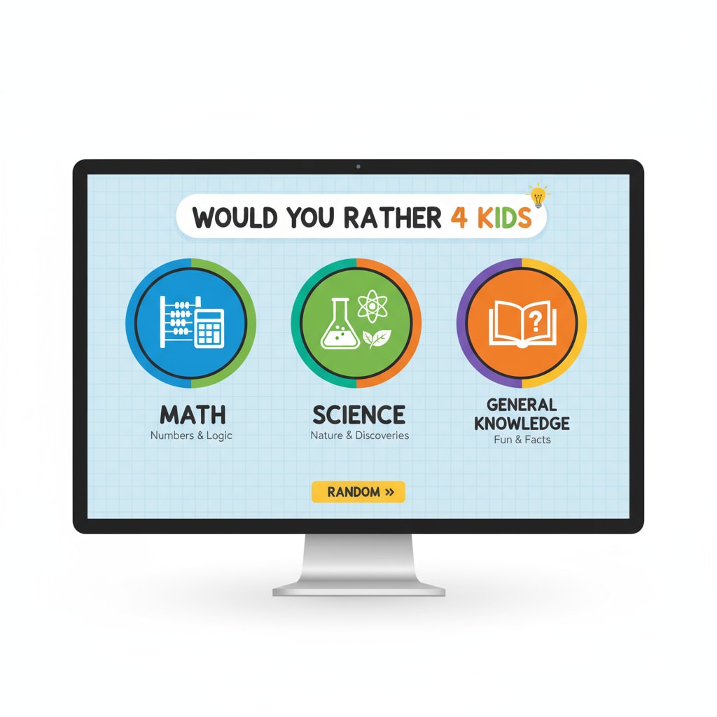 A screenshot of the wouldyourather4kids.com website, displaying various colorful categories of 'Would You Rather' questions, such as math, science, and general knowledge. Screenshot of the wouldyourather4kids.com website offering teaching resources for 'Would You Rather' children's games.