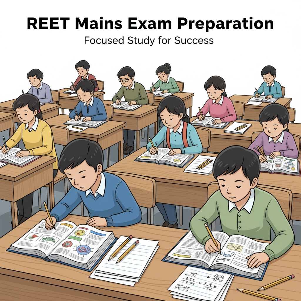 Students are sitting at desks, looking at science and math textbooks, with papers and pencils ready, indicating their preparation for the REET Mains exam. Students preparing for REET Mains science and math using textbooks