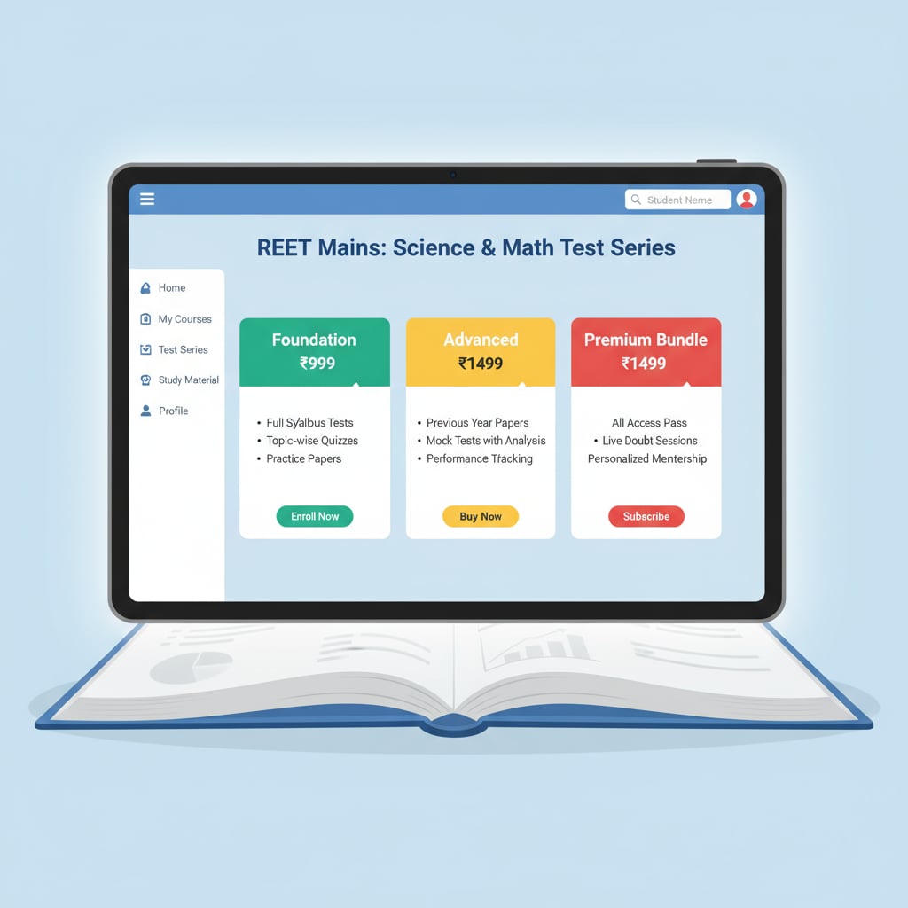 The screenshot shows an online platform's interface with options for REET Mains science and math test series, highlighting different courses and pricing. Screenshot of an online platform offering REET Mains science and math test series