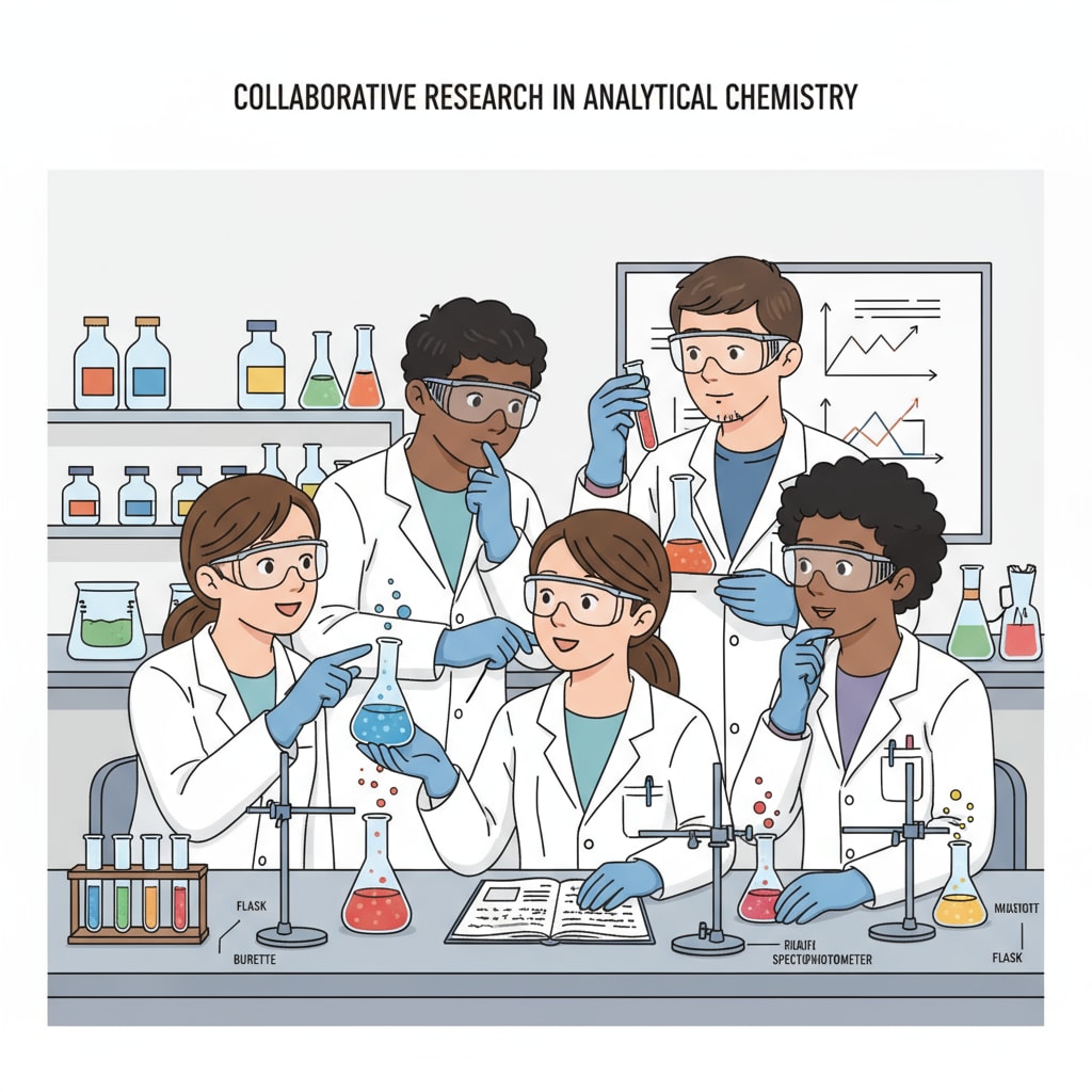 A group of students in a chemistry lab, discussing their research projects. They are looking at test tubes and lab equipment, with notebooks open, engaged in scientific conversations. Students in a chemistry lab exploring chemical careers, degree choices, and research interests