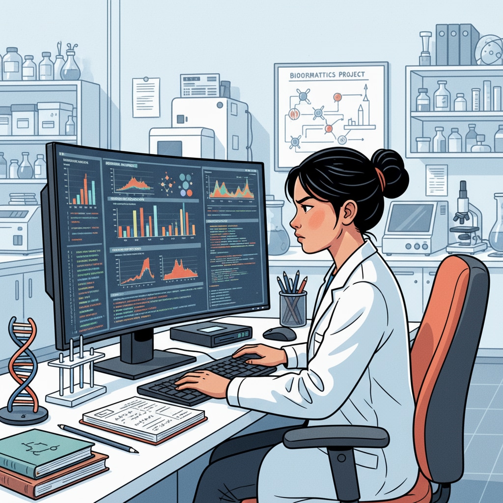 A student using a computer to analyze biological data in a lab. The student is looking intently at the computer screen, with graphs and data visible, working on a bioinformatics project. A student analyzing biological data related to chemical careers, degree choices, and research interests