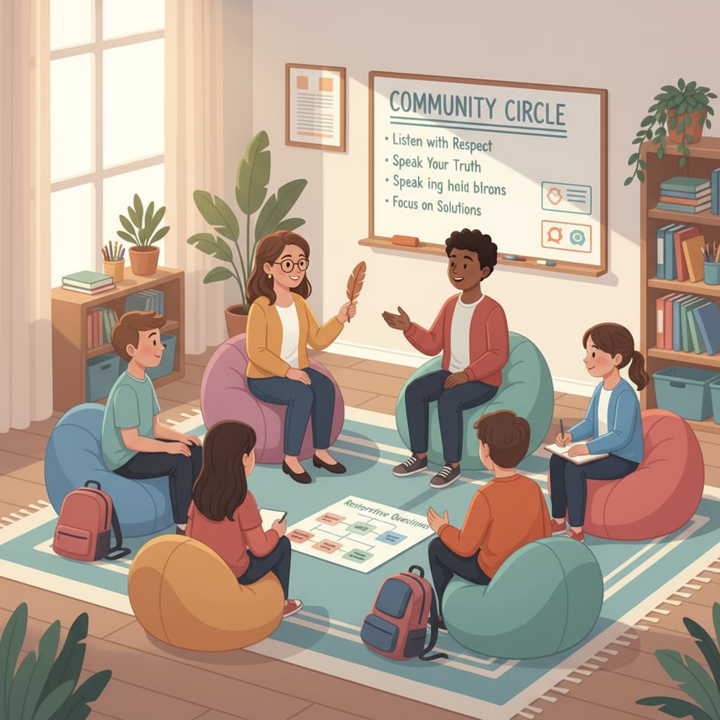 Students are engaged in a group discussion during a restorative discipline session, showing an interactive and positive environment. Students participating in restorative discipline practices, highlighting the balance between parental expectations and school management.