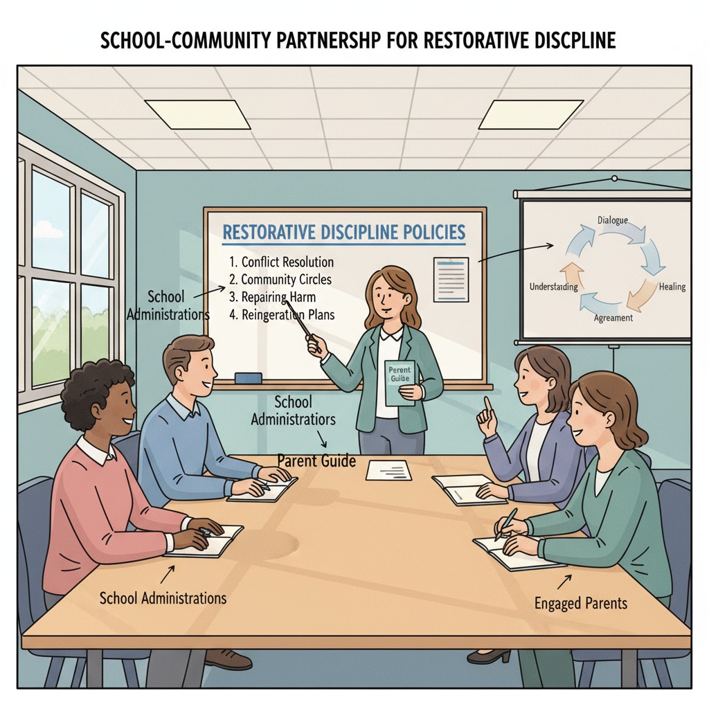 School administrators are having a meeting with parents, discussing the details of restorative discipline policies. School administrators communicating with parents about restorative discipline, related to parental expectations and school management.