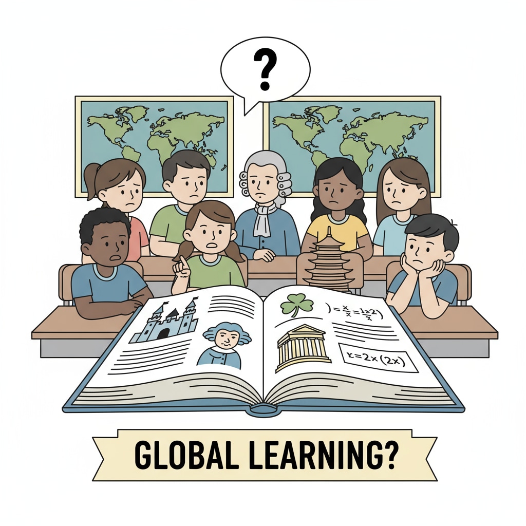 Students from various ethnic backgrounds are in a classroom, looking at a curriculum that doesn't seem to connect with their cultures. Students of different ethnicities in a classroom, experiencing the cultural divide in curriculum