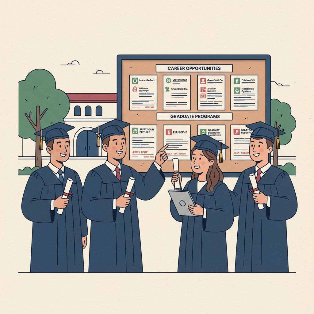 A group of graduates holding their diplomas while looking at job listings on a bulletin board, showing their eagerness to start their careers after graduation. Graduates exploring job opportunities after university