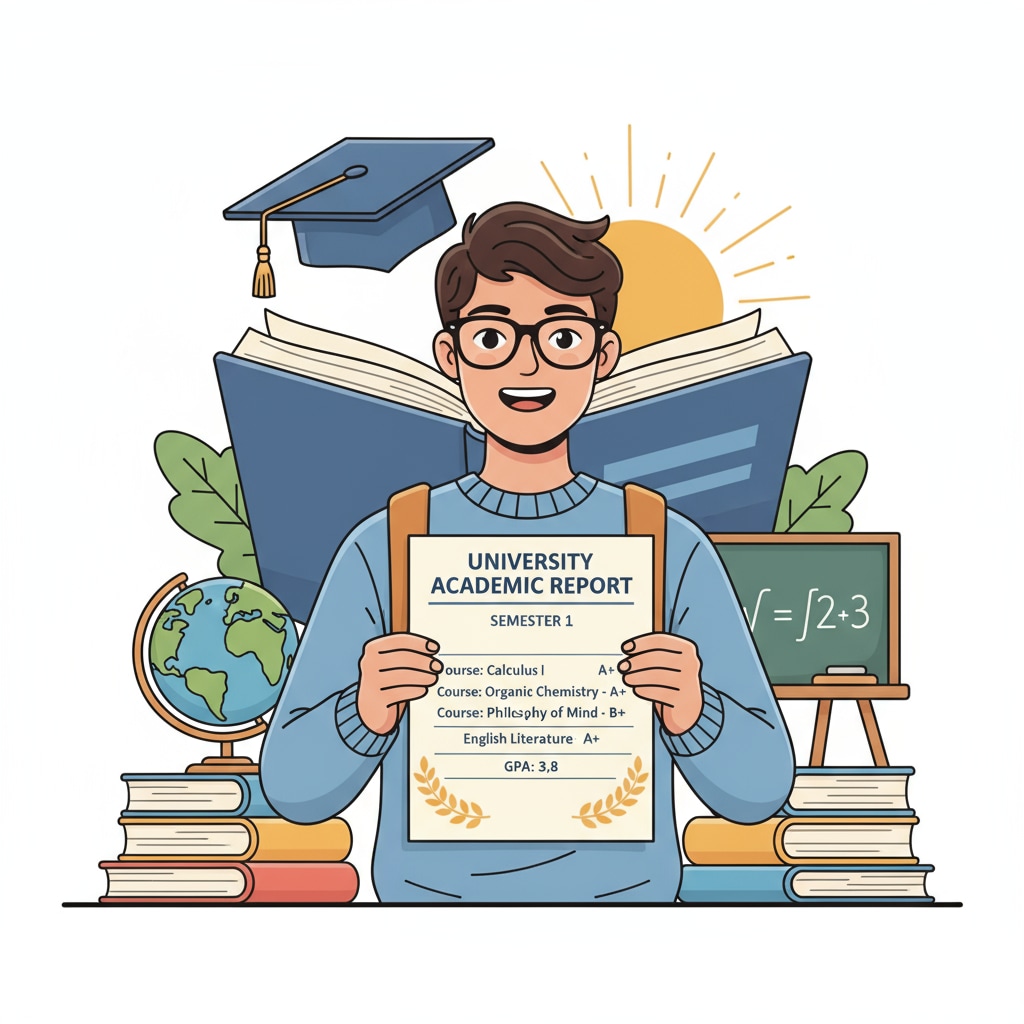 A student looking at a report card with high grades, smiling, symbolizing the traditional view of the importance of good grades in university. Student with high grades in university