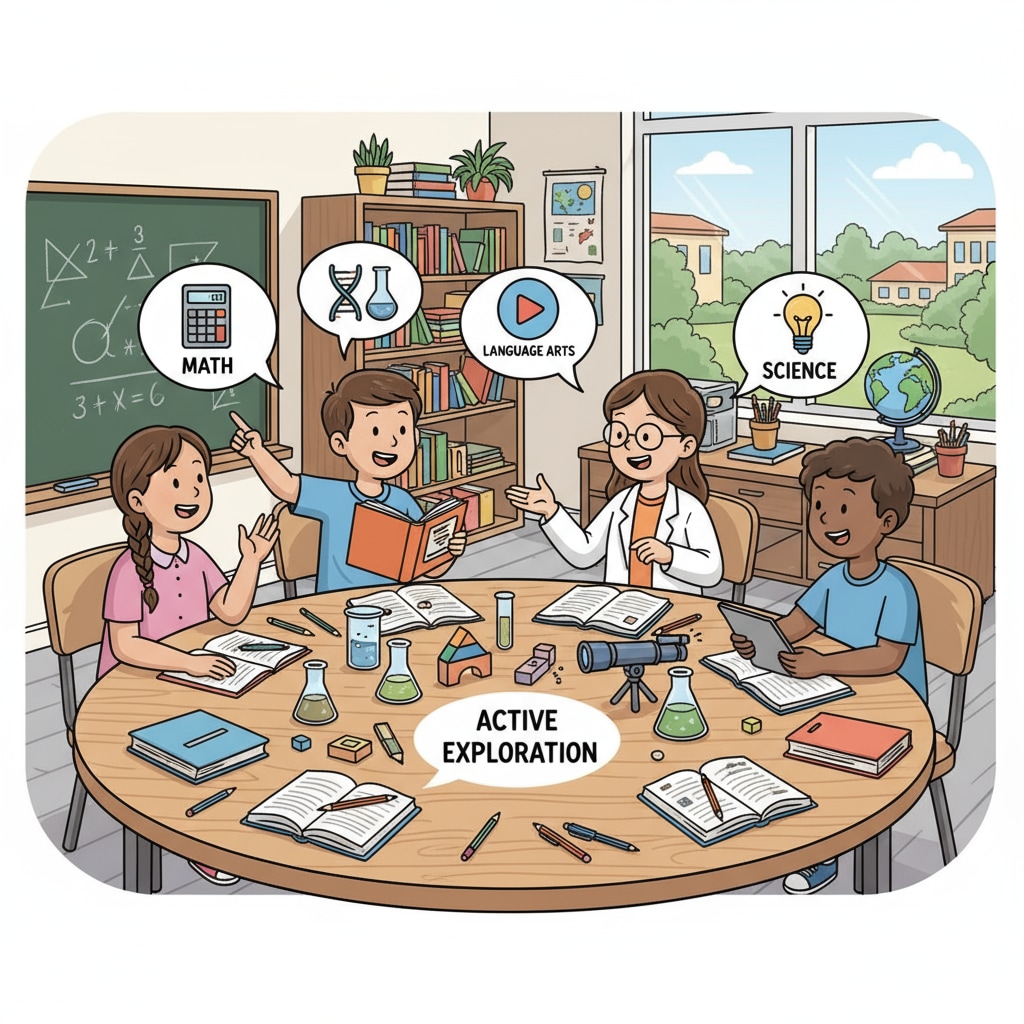 A group of students are engaged in a discussion about various learning subjects, such as math, language arts, and science, around a table, showing their active exploration of different knowledge domains. Students discussing multi-domain learning around a table in K12 education
