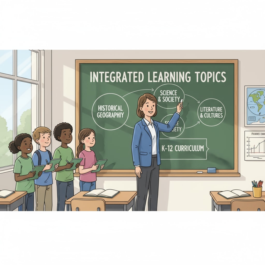A teacher is writing integrated learning topics like 'Historical Geography' on the blackboard, indicating the combination of different knowledge areas in curriculum planning for K12 students. Teacher writing integrated learning topics for K12 curriculum planning