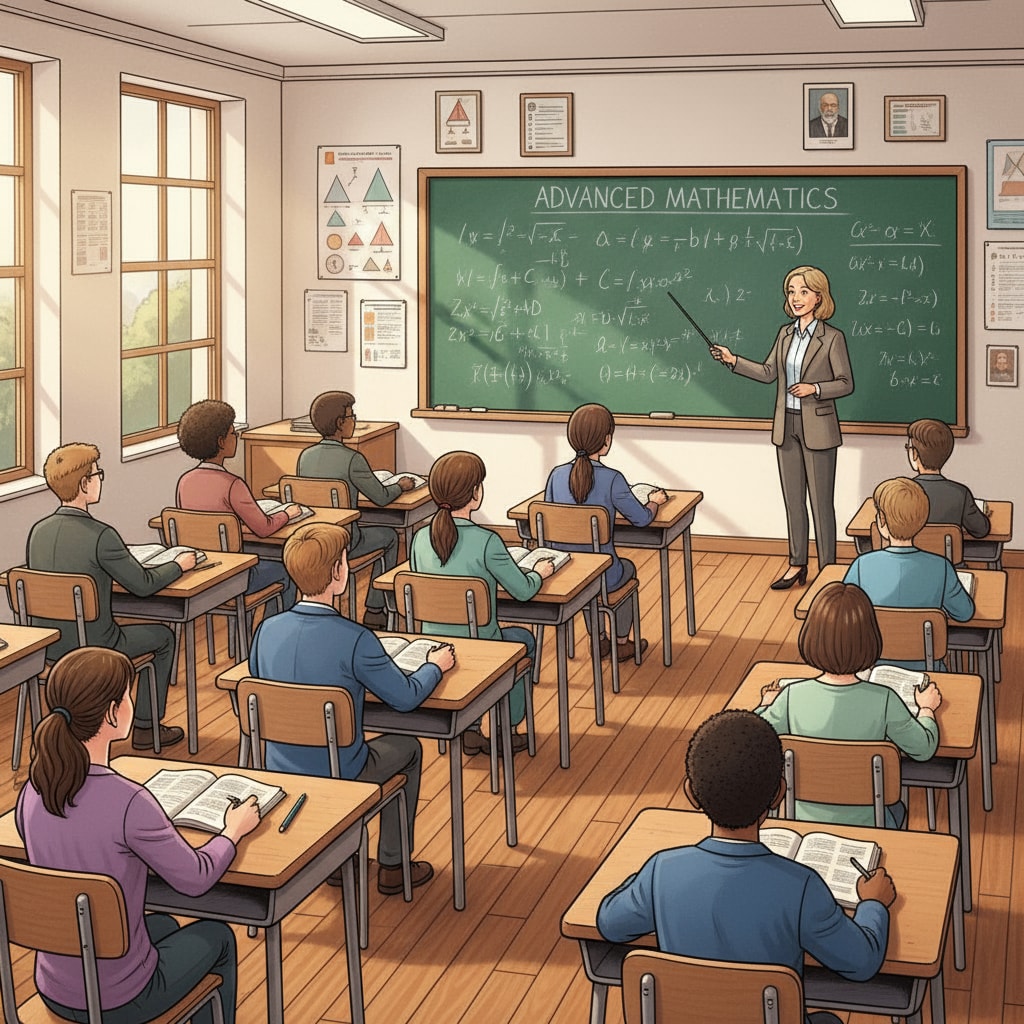 A classroom scene where students are learning advanced mathematics. Students are sitting at their desks, looking at the blackboard with complex math equations written on it. Students learning advanced mathematics in a school curriculum, highlighting the practicality debate in math education.