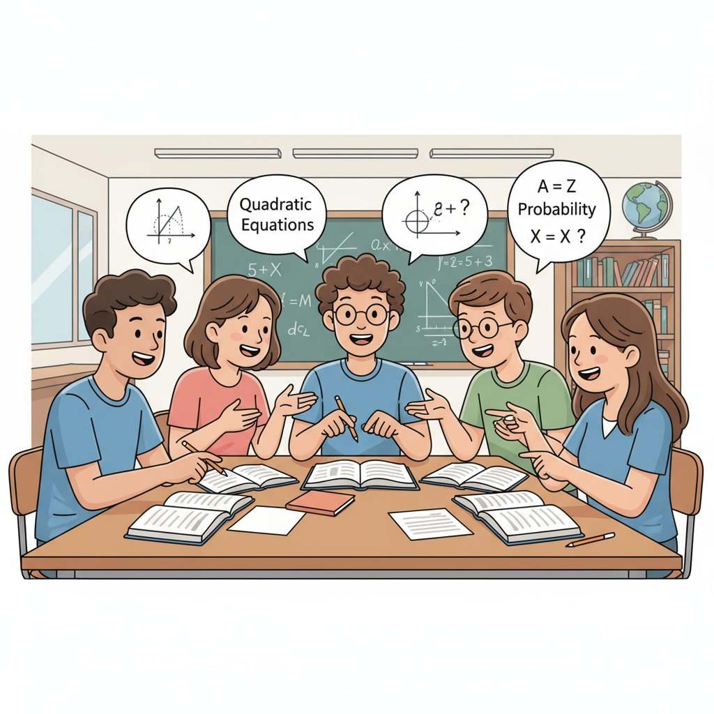 A group of students discussing math problems. They are gathered around a table, pointing at math textbooks and animatedly sharing their thoughts. Students discussing math problems, related to the practicality and importance of math education in school curriculum.