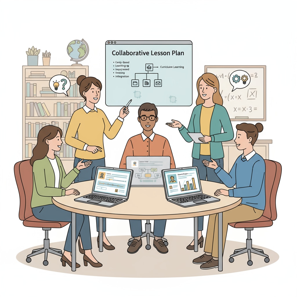 A group of teachers are sitting around a table, using laptops with various educational software open. They are collaborating and discussing lesson plans. Teachers using digital tools for time management and educational technology in a classroom setting