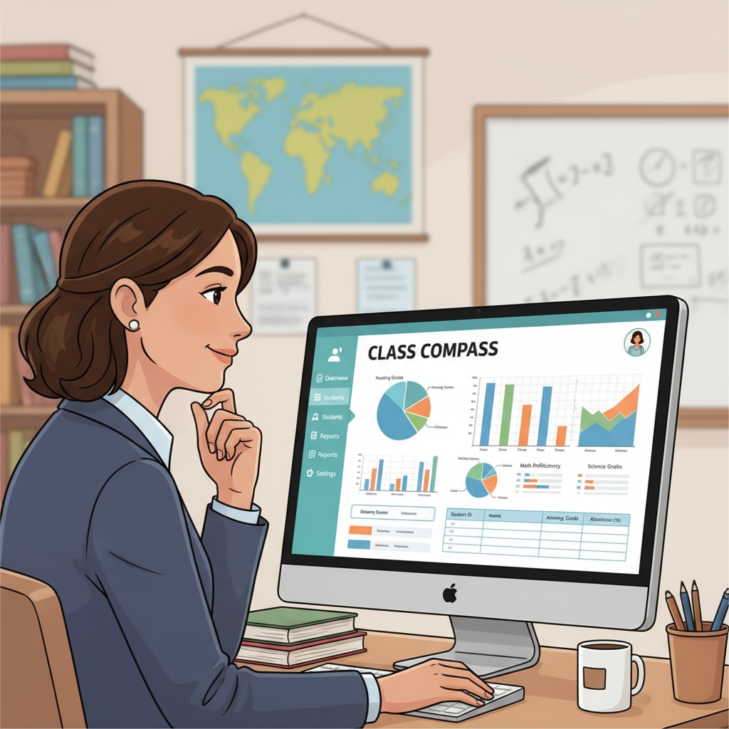A teacher is looking at a computer screen showing a student management system dashboard with graphs and data about student performance. Teacher using an educational technology tool for time management and student performance tracking