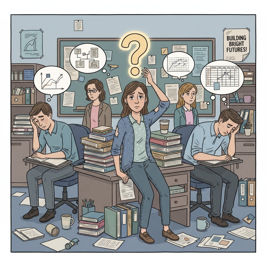 A group of K12 teachers looking tired and stressed in the staff room, indicating the heavy burden they carry. K12 teachers experiencing work stress and potential burnout.