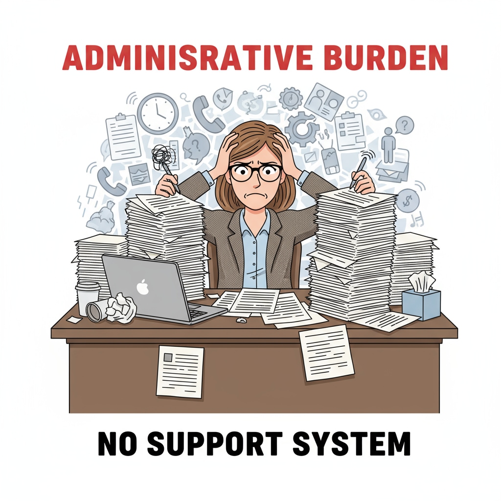 A teacher sitting at a desk, looking frustrated while trying to manage paperwork with no support, depicting the lack of work support. K12 teacher facing difficulties due to lack of work support and on the verge of burnout.