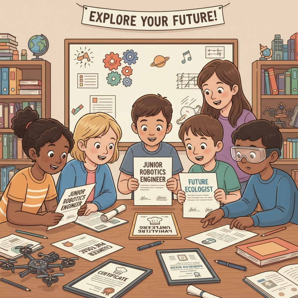 A group of K12 students are gathered around a table, looking at career certificates with curious expressions on their faces. K12 students examining career certificates related to employment preparation and certificate value