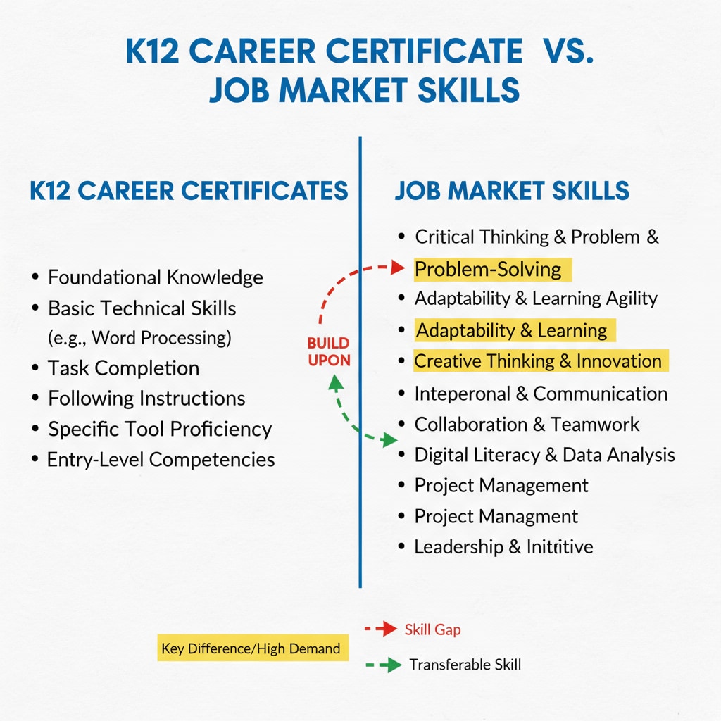 A visual comparison chart with two columns. One column lists skills learned from K12 career certificates, and the other lists skills required in the job market, highlighting the differences. Chart showing the contrast between K12 career certificate skills and job market requirements regarding employment value