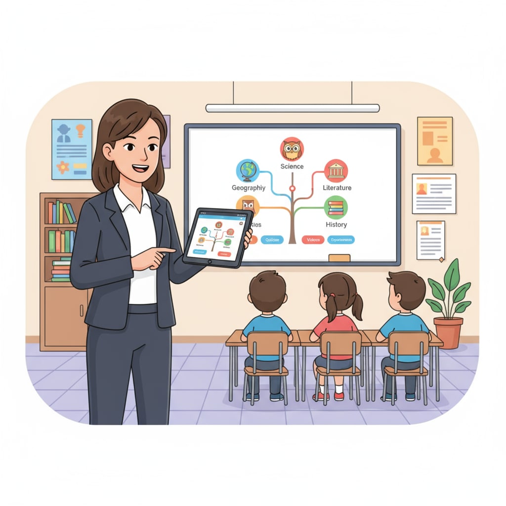A teacher is using a digital device such as a tablet or laptop in the classroom, showing an interactive educational application on the screen. A teacher utilizing educational technology to enhance teaching efficiency and reduce workload in the classroom.