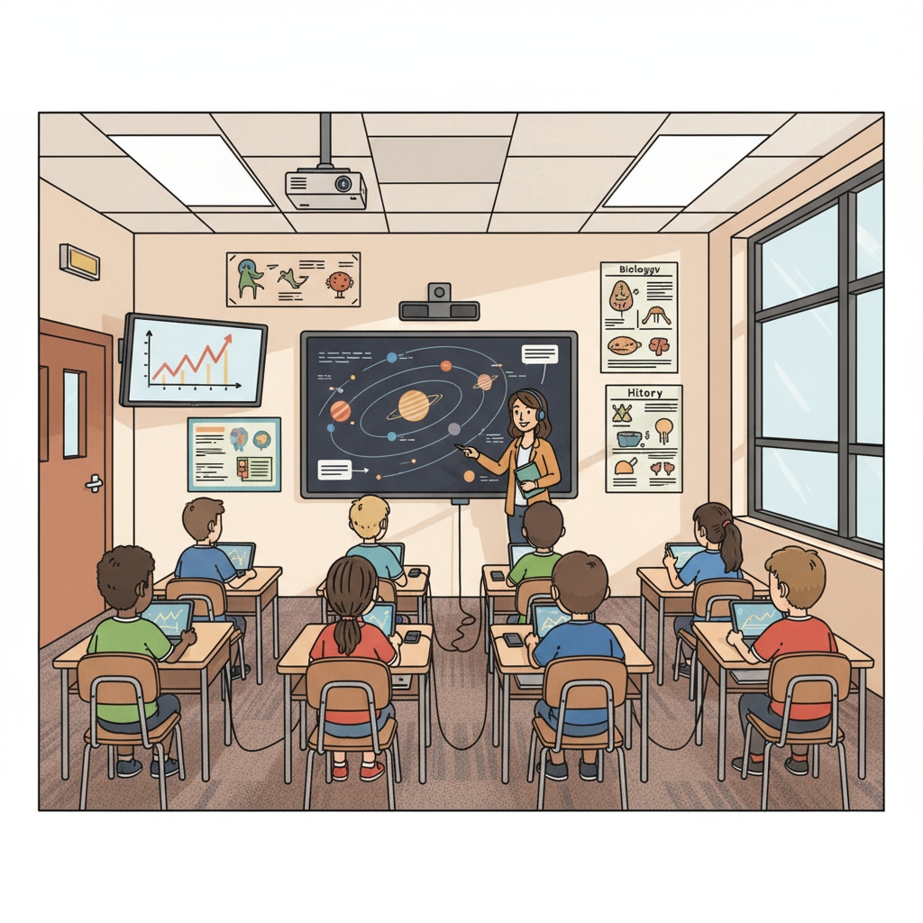 A classroom is equipped with modern educational technology like an interactive whiteboard, projectors, and students are using digital devices for learning. A classroom environment filled with educational technology that aims to boost teaching efficiency and relieve teacher workload.