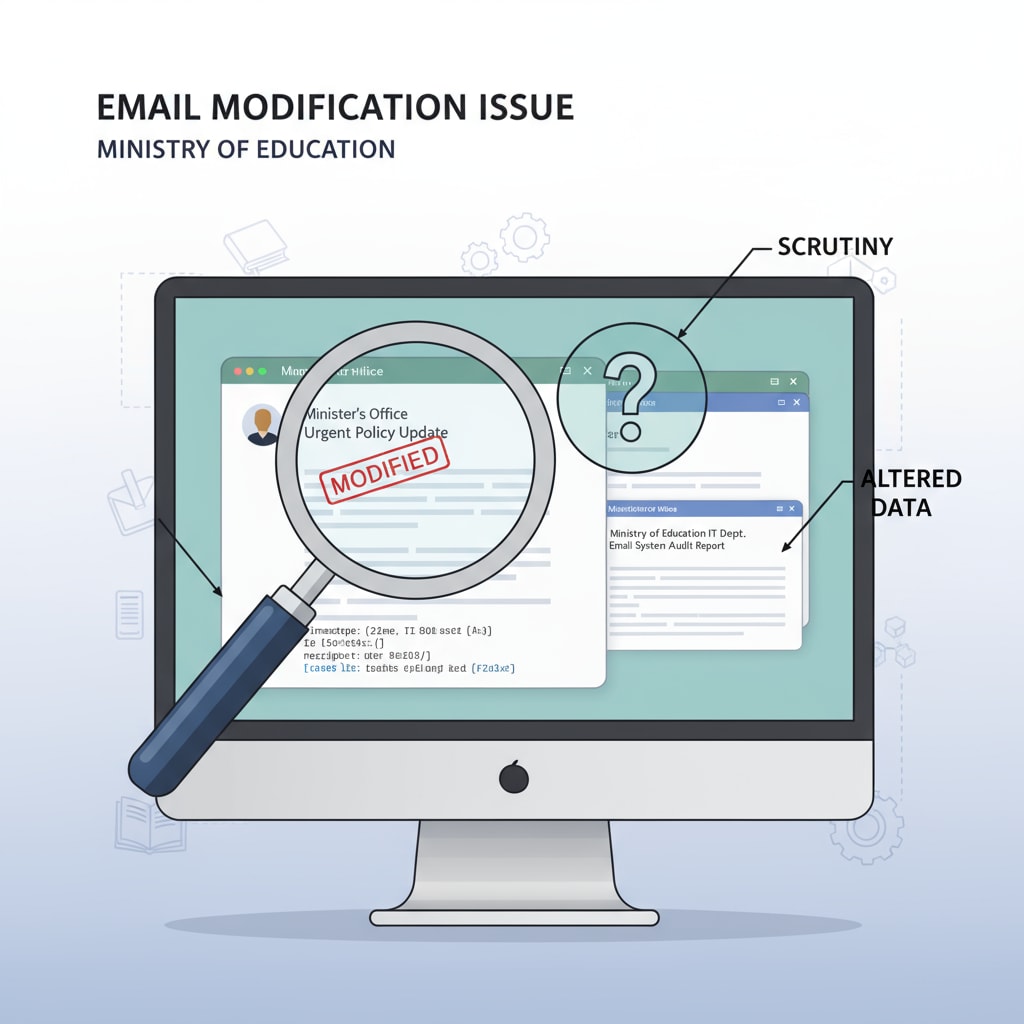 An illustration showing a magnifying glass over a computer screen with email interfaces related to the Ministry of Education. This visual represents the scrutiny into the email modification issue within the Ministry of Education. The Federal Union, Ministry of Education, Email Modification, Government Shutdown - Scrutinizing Email Interfaces