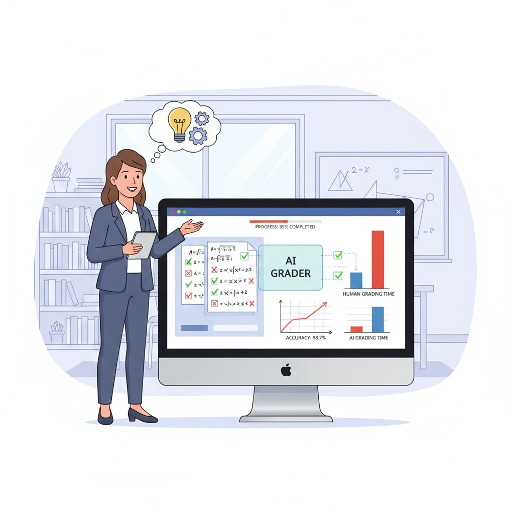 An illustration depicts an AI system on a computer screen grading math assignments, with a teacher standing nearby observing the process, highlighting the use of technology in the grading task. AI system grading math assignments to enhance teachers' work efficiency
