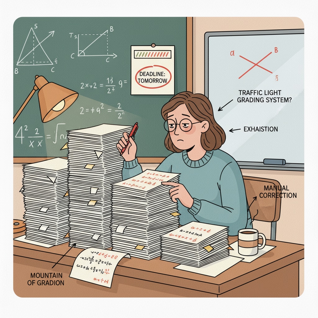 A photo shows a teacher sitting at a desk, surrounded by stacks of math papers, emphasizing the heavy workload of traditional grading methods. Teacher burdened with the task of grading math papers affecting working hours