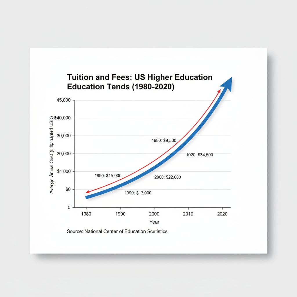 A graph depicting the upward trend of higher education costs in the United States over several decades. Graph showing the increasing cost of higher education in the US related to investment in higher education and vocational and technical education