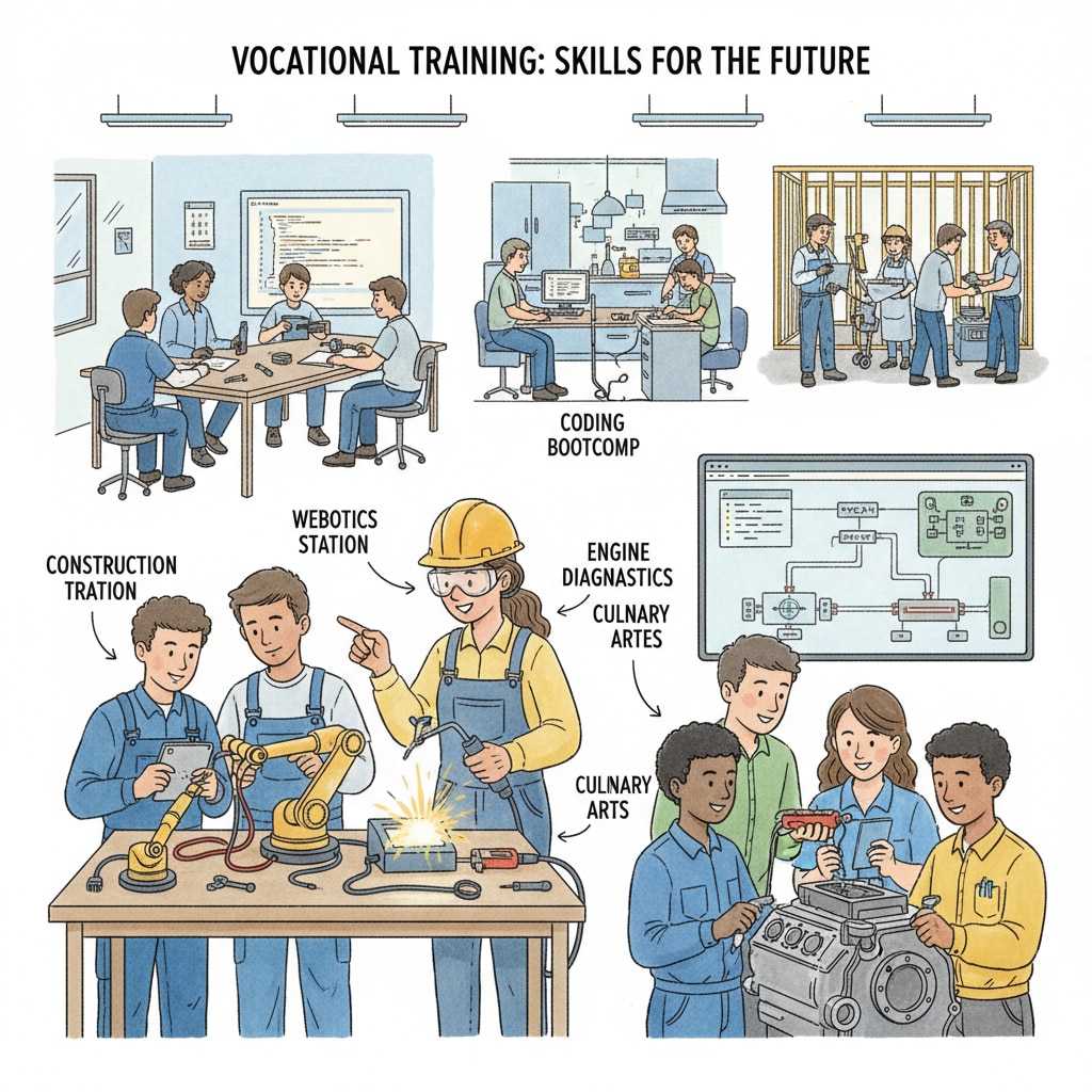 A photo of students actively engaged in a vocational training workshop, learning practical skills relevant to the job market. Students in a vocational training workshop related to vocational and technical education investment and higher education comparison