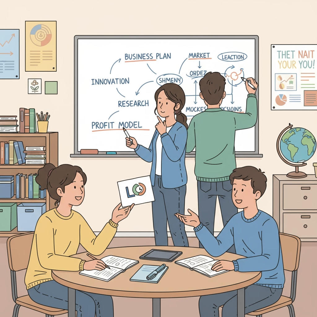 A group of students are working together on a project related to entrepreneurship, with some writing ideas on a board and others discussing. Students engaged in practical learning for entrepreneurial thinking in education reform