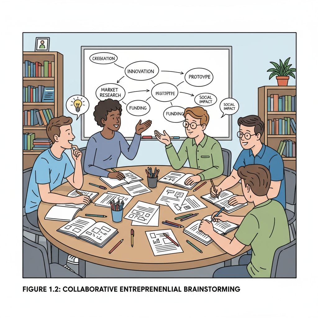 Students are sitting around a table, brainstorming ideas for an entrepreneurial project, with papers and pens in front of them. Students brainstorming for entrepreneurial thinking as part of education reform and practical learning