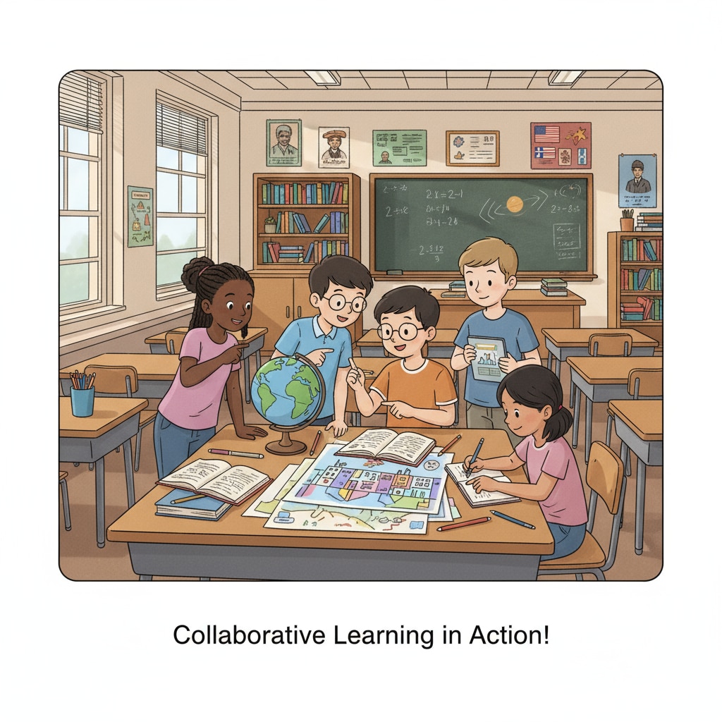 A group of students from diverse backgrounds in a traditional public school classroom, engaged in group activities Students in a traditional public school setting related to conservatives' view on school choice