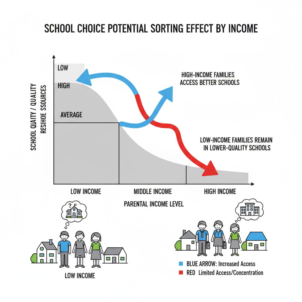 A graph showing the potential sorting effect of school choice programs on different income groups Graph depicting the sorting effect relevant to conservatives' opposition to school choice