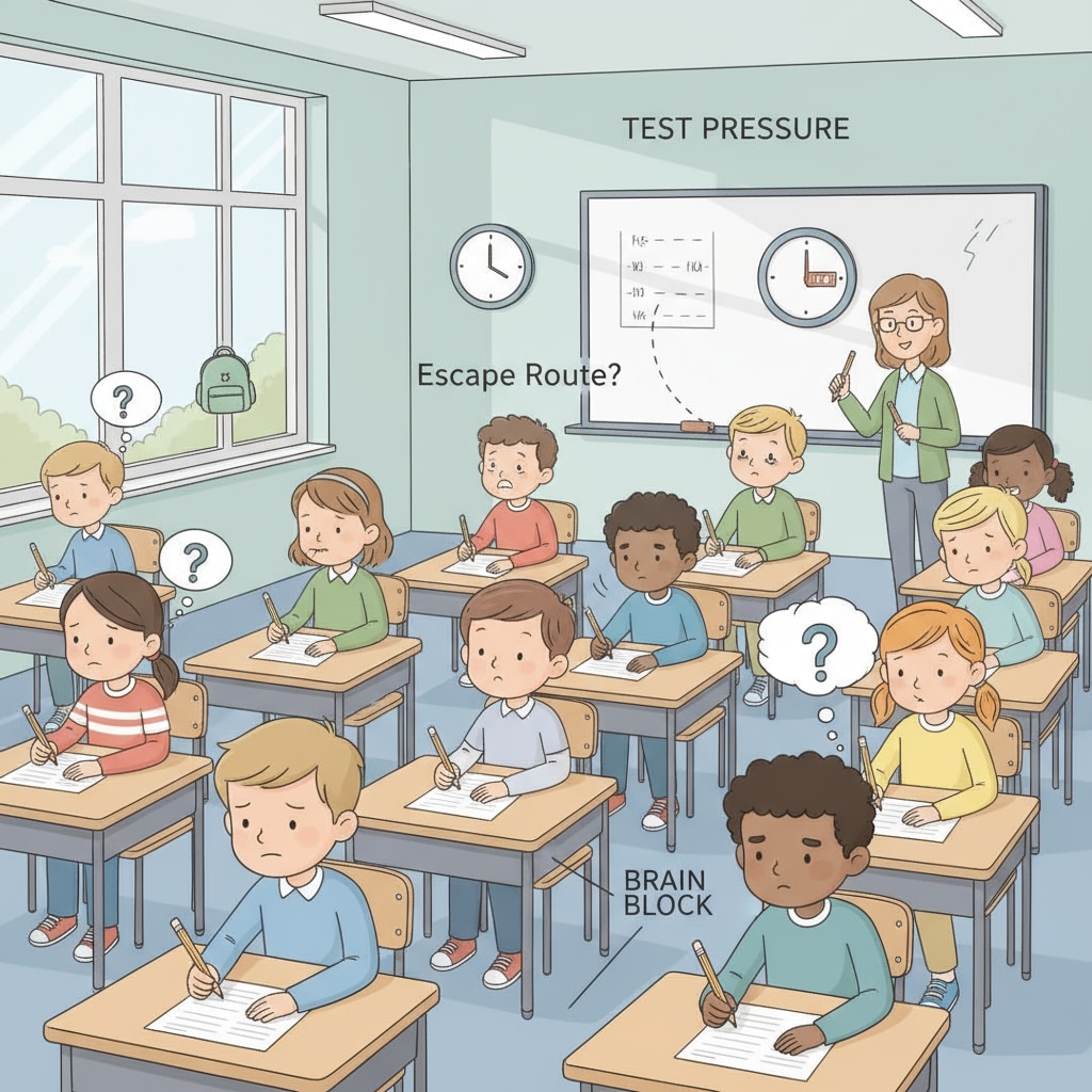 Students taking a test in a classroom, some looking unsure and potentially considering strategic abandonment A classroom scene of students taking a test with signs of strategic abandonment related to outliers, test scores, and data analysis