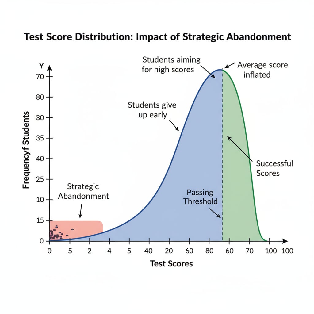 A graph showing skewed test score distribution due to strategic abandonment A graph depicting the skewed distribution of test scores caused by strategic abandonment relevant to outliers, test scores, and data analysis
