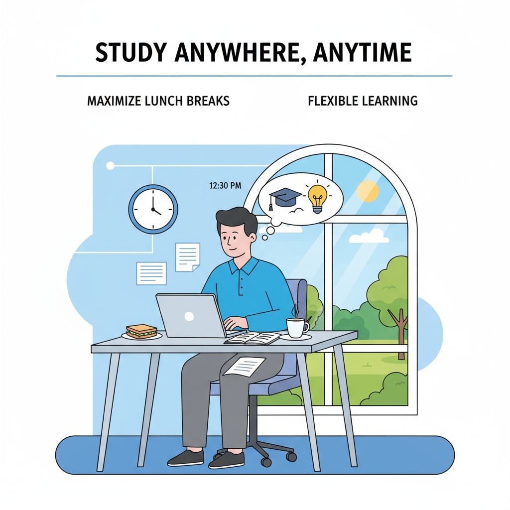An image of an individual sitting at a desk, focused on studying on a laptop during their lunch break, highlighting the flexibility of studying while working. Person studying during work break to meet educational requirements for career growth