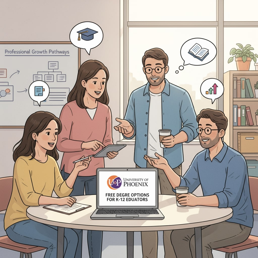A group of K12 educators are engaged in a discussion about educational opportunities. A laptop on the table shows the logo of the University of Phoenix, symbolizing the free degree options they are considering. K12 educators discussing University of Phoenix free degree opportunities for career development