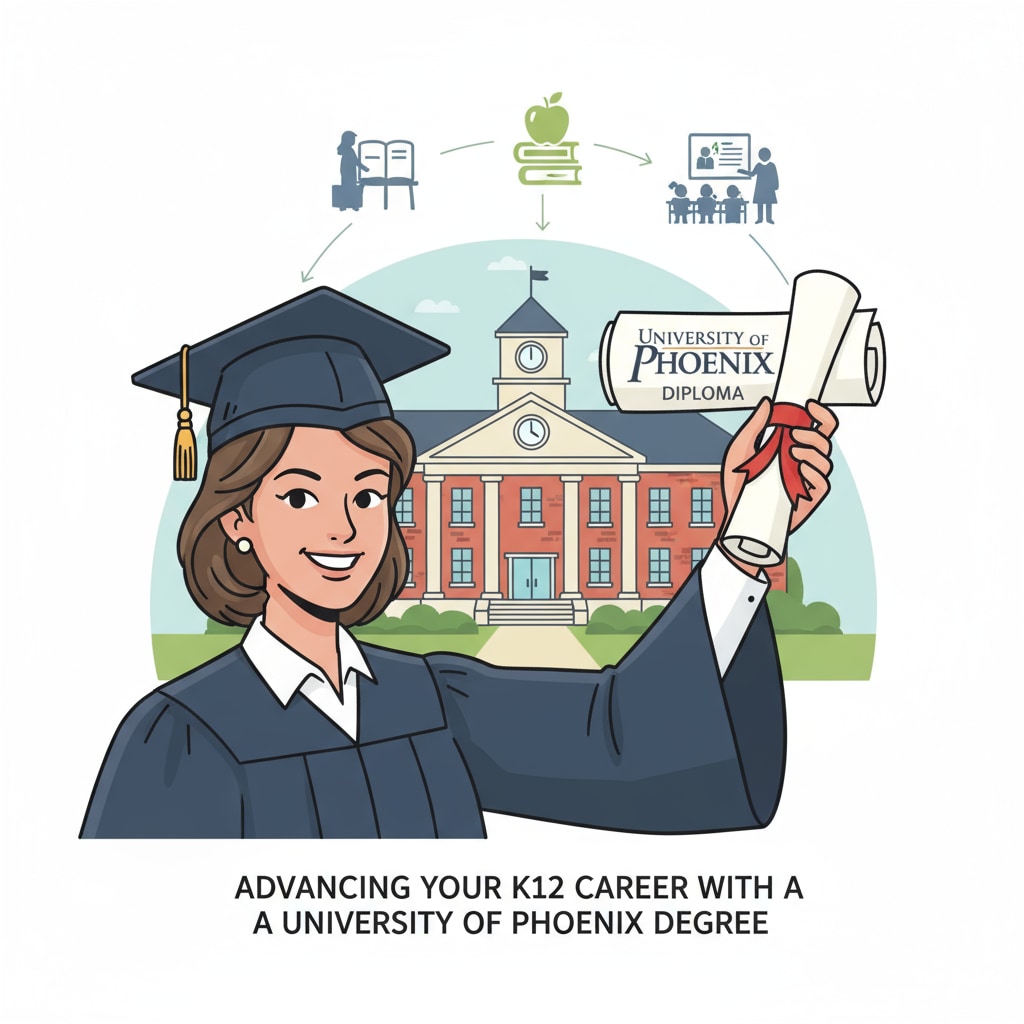 An educator is holding a diploma from the University of Phoenix with a proud expression. Behind the educator is a school building, representing the connection between the degree and career advancement in the K12 education field. Educator with University of Phoenix diploma for career development in K12 education