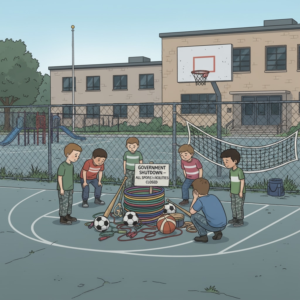 A group of military children are seen standing around unused sports equipment in a schoolyard, looking disappointed. The schoolyard is quiet, and the sports facilities are idle, indicating the impact of the government shutdown on their sports activities. Military children disappointed due to government shutdown - related suspension of sports activities in DODEA schools