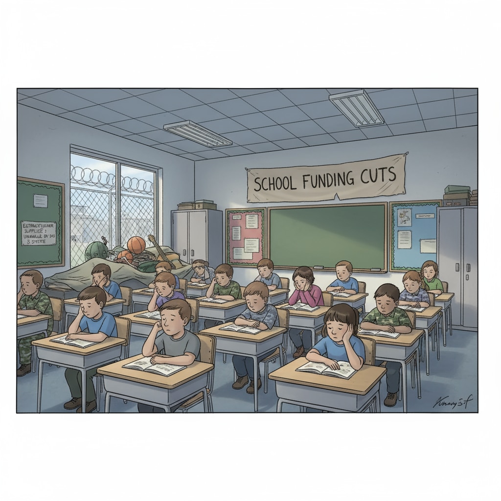 A classroom scene shows military children sitting at their desks, looking bored. There are no signs of the usual extracurricular activities, highlighting the effect of the government shutdown on their educational experiences. Military children in a classroom during government shutdown with suspended extracurricular activities in DODEA schools