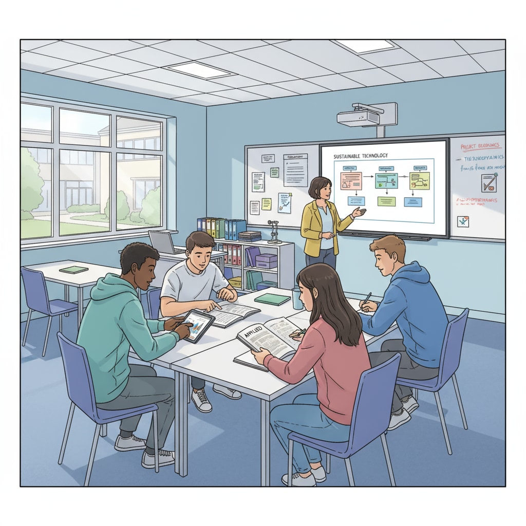 Students studying in a UK further education college classroom for dropout recovery and university preparation