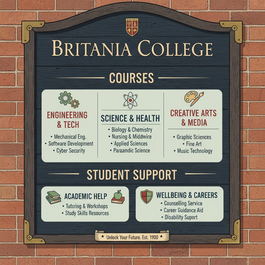 Signboard of a UK further education college offering opportunities for dropouts to restart education and prepare for university