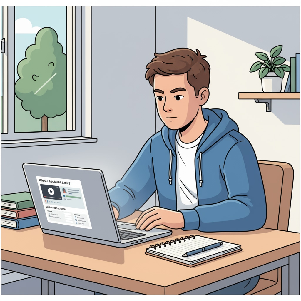 A person is sitting at a desk in a simple room, looking at a laptop screen with an online high school course open. They have a determined look on their face. A low-income adult studying an online high school course to complete GED